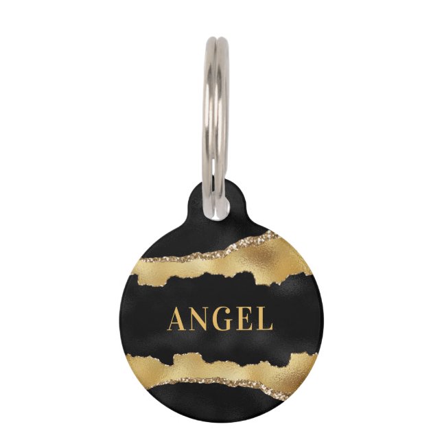 Black gold agate marble elegant name pet tag (Front)