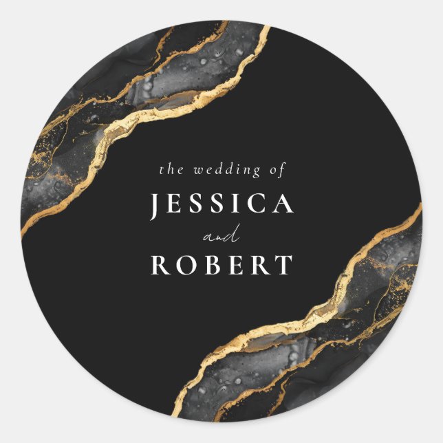 Black Gold Agate Marble Elegant Wedding Classic Round Sticker (Front)