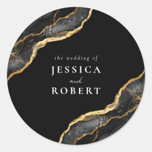 Black Gold Agate Marble Elegant Wedding Classic Round Sticker