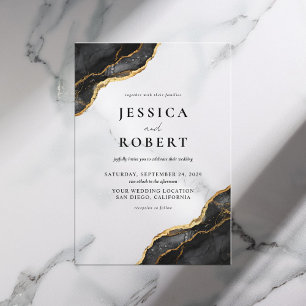 Black Gold Agate Marble Elegant Wedding Invitation