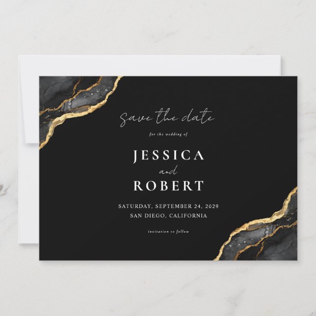 Black Gold Agate Marble Elegant Wedding Save The Date (Front)