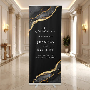 Black Gold Agate Marble Elegant Wedding Welcome Retractable Banner