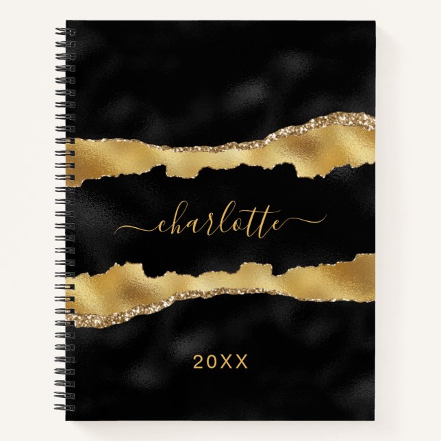 Black gold agate marble name script elegant notebook (Front)