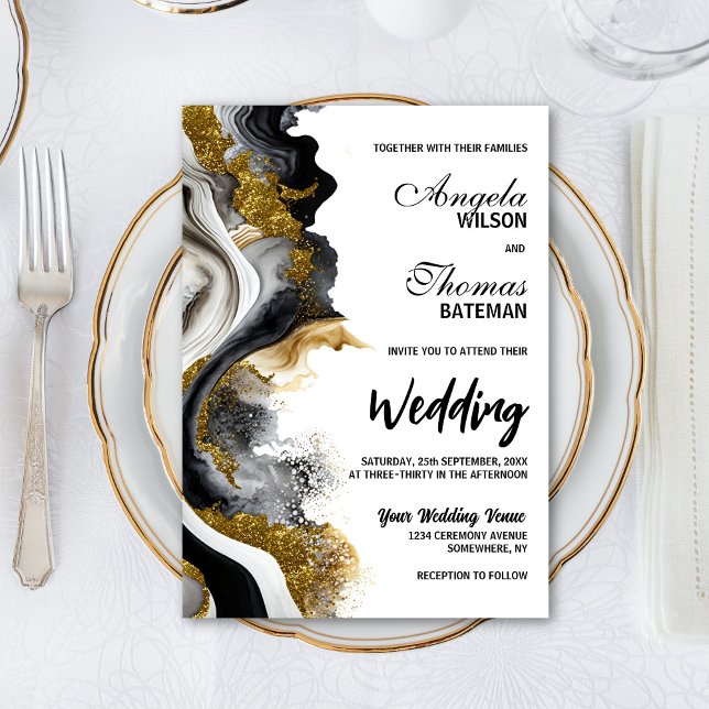 Black Gold Agate Marble Wedding Invitation (Creator Uploaded)