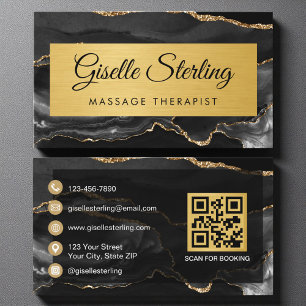 Black Gold Agate Massage Therapist Glitter QR Code Business Card