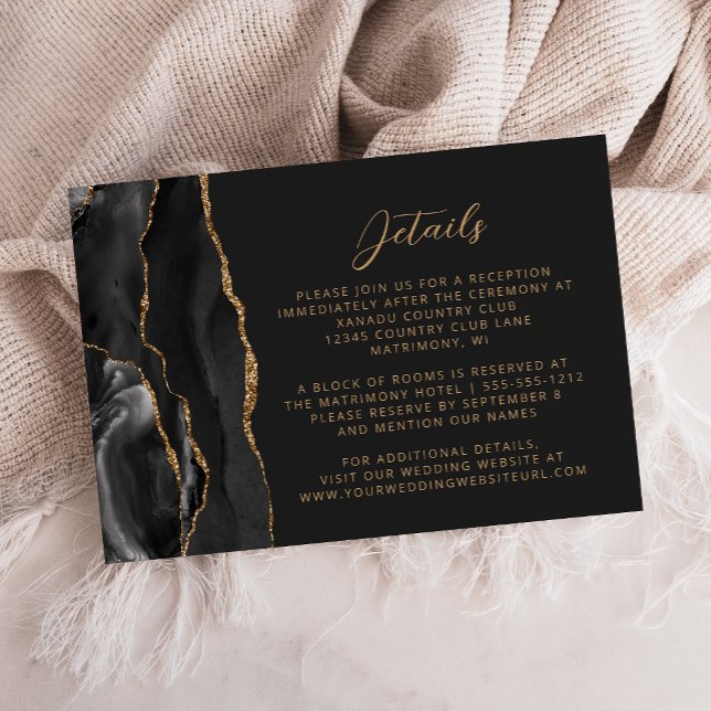 Black Gold Agate Modern Script Wedding Details Enclosure Card (Creator Uploaded)