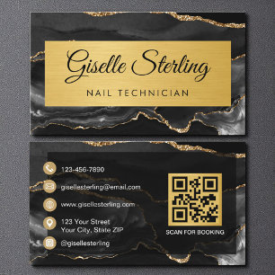 Black Gold Agate Nail Technician Glitter QR Code Business Card