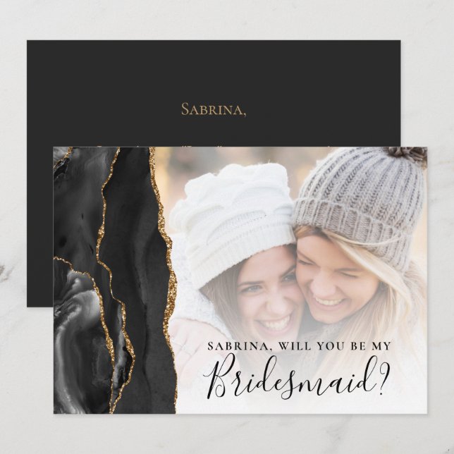Black Gold Agate Photo Bridesmaid Proposal (Front/Back)