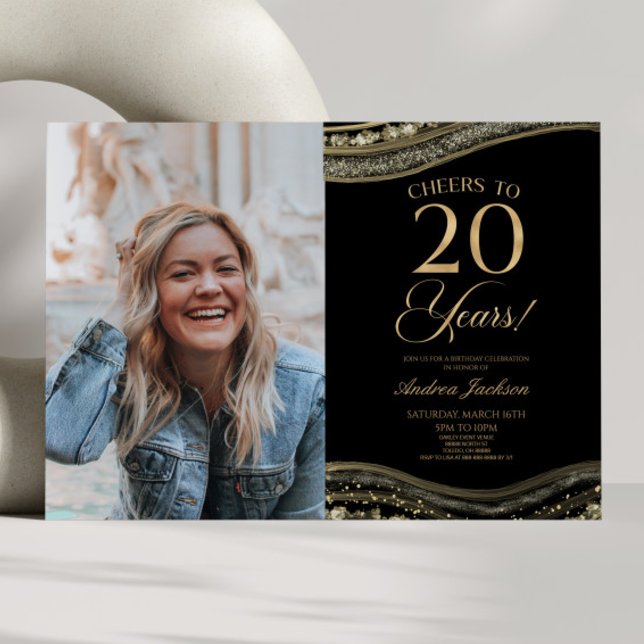 Black Gold Agate Picture 20th Birthday Party Invitation (Creator Uploaded)