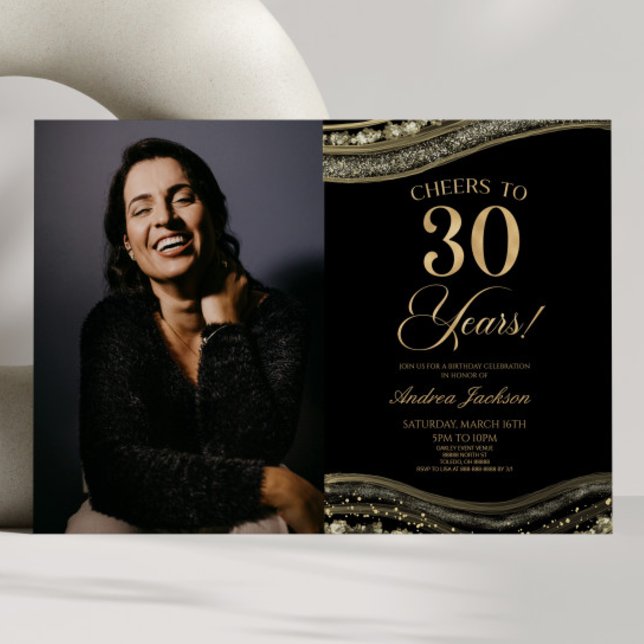Black Gold Agate Picture 30th Birthday Party Invitation (Creator Uploaded)
