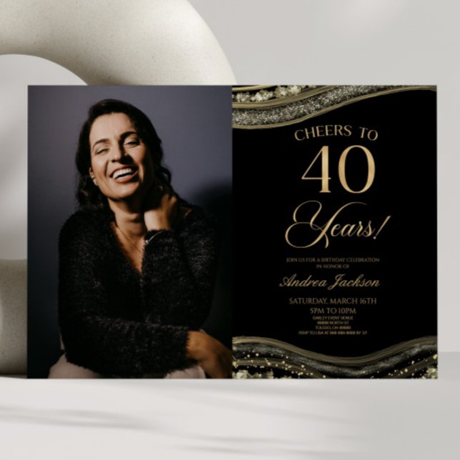 Black Gold Agate Picture 40th Birthday Party Invitation (Creator Uploaded)