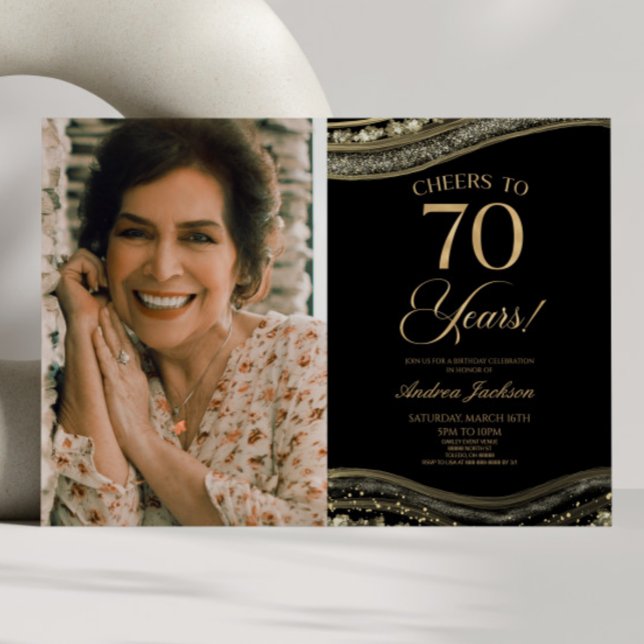 Black Gold Agate Picture 70th Birthday Party Invitation (Creator Uploaded)