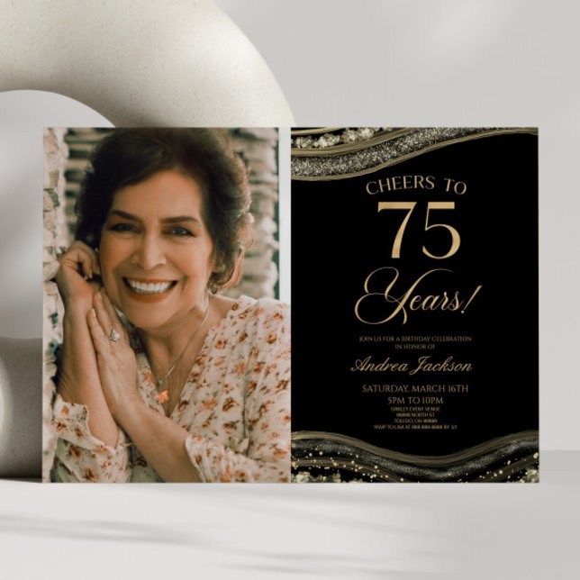 Black Gold Agate Picture 75th Birthday Party Invitation (Creator Uploaded)