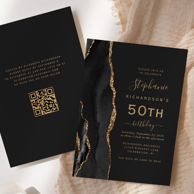 Black Gold Agate QR Code 50th Birthday Invitation (Creator Uploaded)