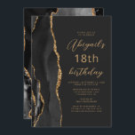 Black Gold Agate Slate Script 18th Birthday Invitation<br><div class="desc">The left-hand edge of this elegant modern birthday party invitation features a black watercolor agate border trimmed with gold faux glitter. The customisable text combines gold-coloured script and sans serif fonts on a slate black background. The reverse side features a matching black and gold agate design.</div>