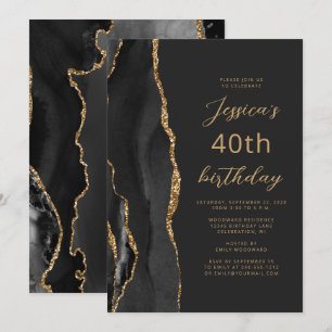 Black Gold Agate Slate Script 40th Birthday Invitation