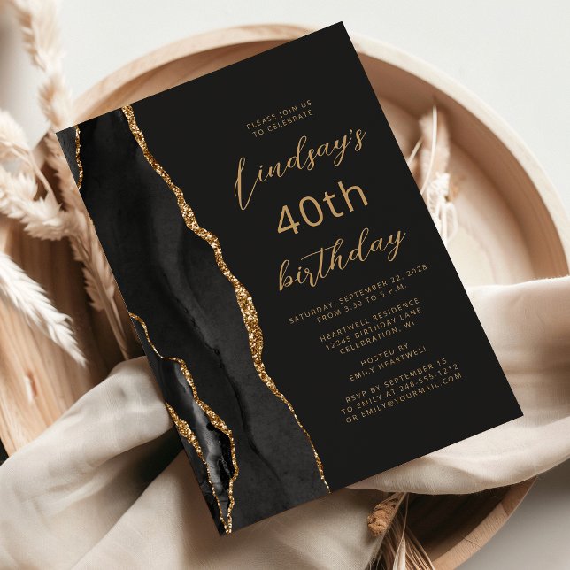 Black Gold Agate Slate Script 40th Birthday Invitation (Creator Uploaded)