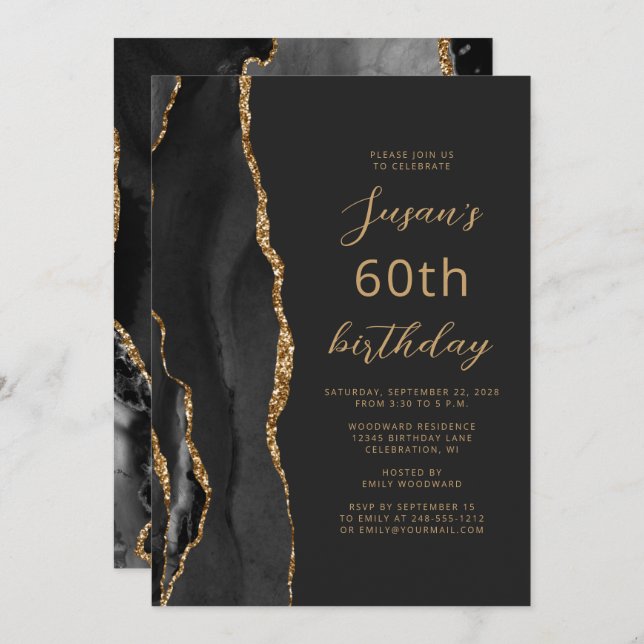 Black Gold Agate Slate Script 60th Birthday Invitation (Front/Back)