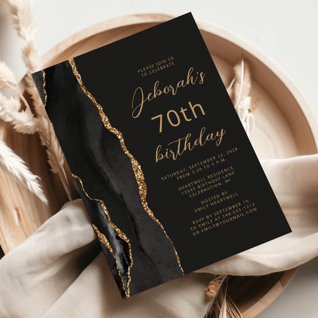 Black Gold Agate Slate Script 70th Birthday Invitation (Creator Uploaded)