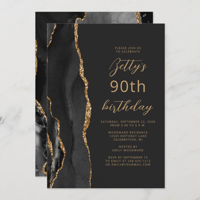 Black Gold Agate Slate Script 90th Birthday Invitation (Front/Back)