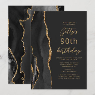 Black Gold Agate Slate Script 90th Birthday Invitation