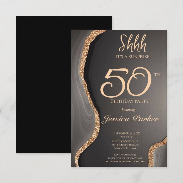Black Gold Agate Surprise 50th Birthday  Invitation (Front/Back)