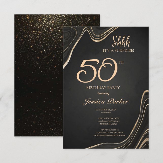Black Gold Agate Surprise 50th Birthday  Invitation (Front/Back)