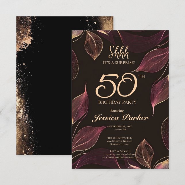 Black Gold Agate Surprise 50th Birthday  Invitation (Front/Back)