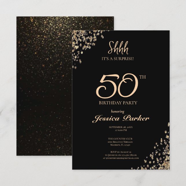 Black Gold Agate Surprise 50th Birthday  Invitation (Front/Back)