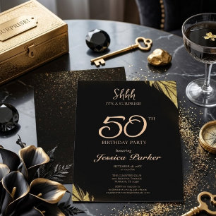 Black Gold Agate Surprise 50th Birthday Invitation