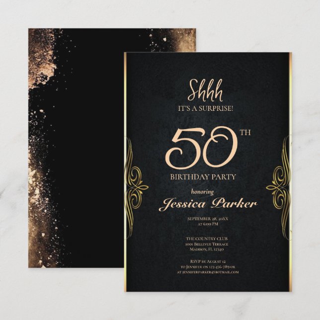 Black Gold Agate Surprise 50th Birthday  Invitation (Front/Back)