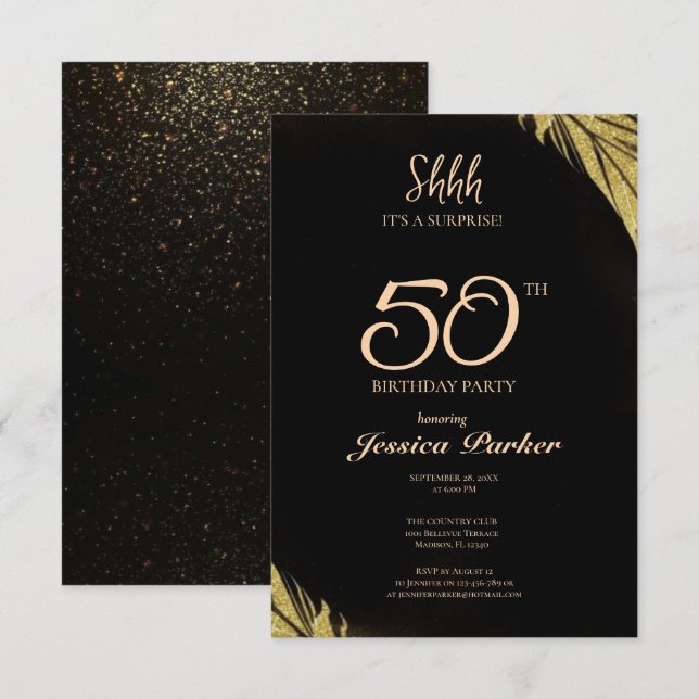 Black Gold Agate Surprise 50th Birthday  Invitation (Front/Back)