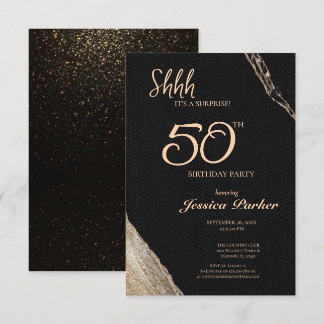 Black Gold Agate Surprise 50th Birthday  Invitation (Front/Back)