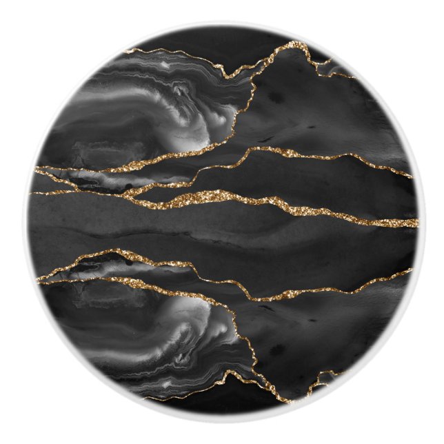 Black Gold Agate Watercolor Ceramic Knob (Front)