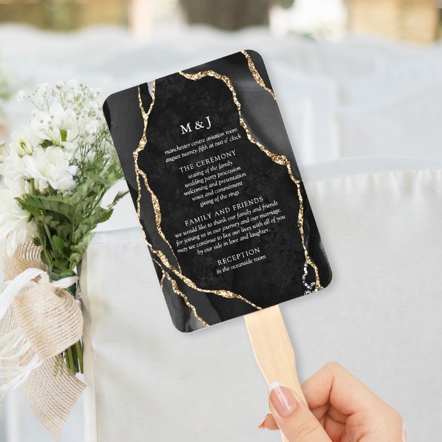 Black & Gold Agate Wedding Program Hand Fan (Creator Uploaded)