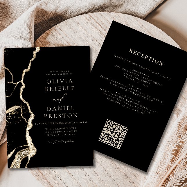 Black Gold Agate Wedding QR Code Elegant Invitation (Creator Uploaded)