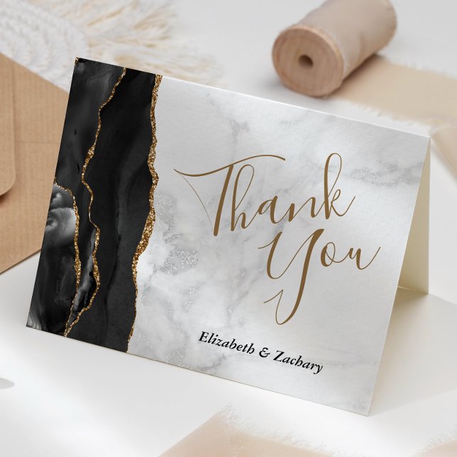 Black Gold Agate White Marble Wedding Thank You Card (Creator Uploaded)