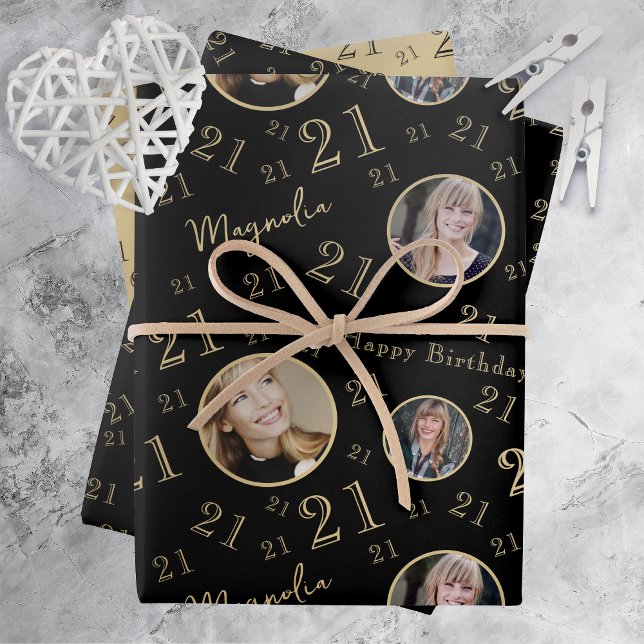 Black Gold Age Photo 21st Birthday Wrapping Paper Sheet (Creator Uploaded)