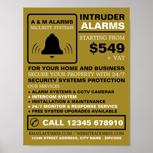 Black & Gold Alarm Logo, Security Alarm Service Poster (Front)