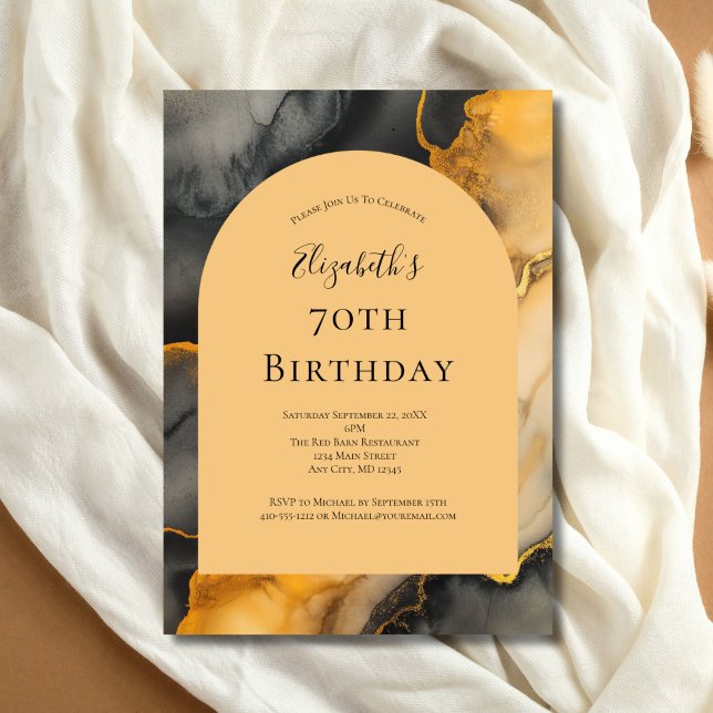 Black Gold Alcohol Ink Arch 70th Birthday For Her Invitation (Black Gold Alcohol Ink 70th birthday ( or any year ) arch invitation. Printed or Digital)