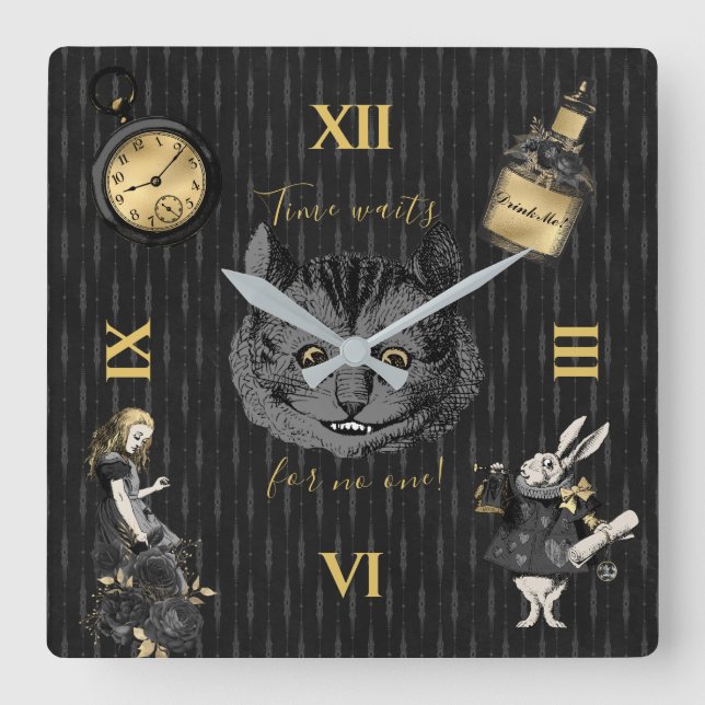 Black Gold Alice in Wonderland Square Wall Clock (Front)