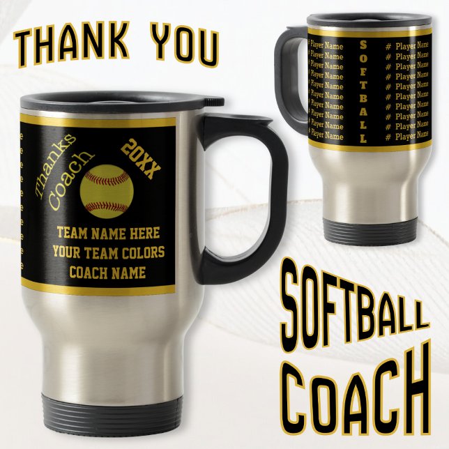 Black Gold All Player's Name Softball Coach Mug (Good gifts for softball coaches. Personalized, softball coach mug. Gifts for Softball Coaches.)