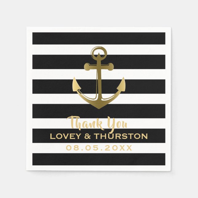 Black Gold Anchor Nautical Wedding Thank You Napkin (Front)