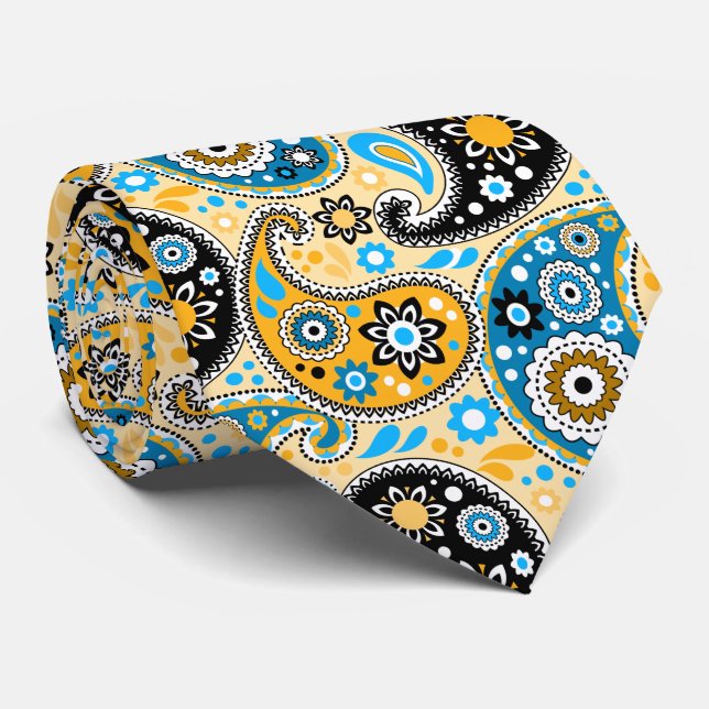 Black Gold and Aqua Bohemian Cowboy Paisley Tie (Rolled)