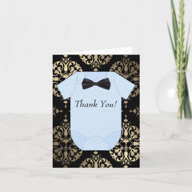 Black Gold and Baby Blue Baby Boy Thank You Cards (Front)