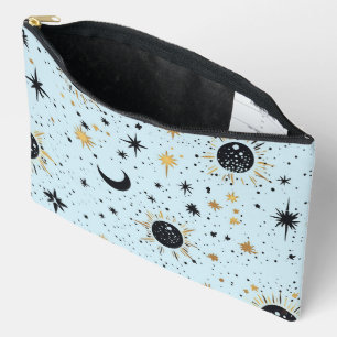 Black, Gold and Blue Celestial Sun Moon Stars Accessory Pouch