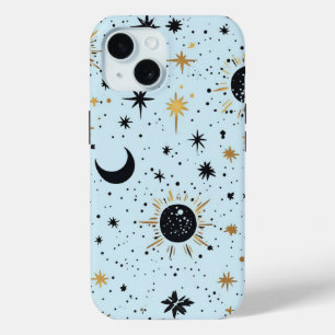 Black, Gold and Blue Celestial Sun Moon Stars iPhone 15 Case