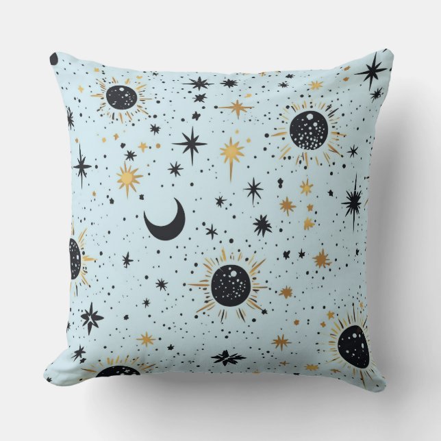 Black Gold and Blue Celestial Sun Moon Stars Cushion (Front)
