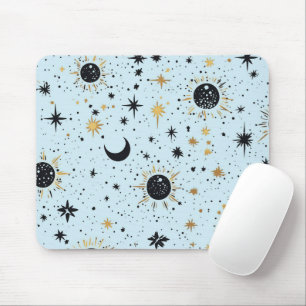 Black, Gold and Blue Celestial Sun Moon Stars Mouse Mat