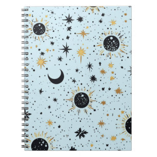 Black, Gold and Blue Celestial Sun Moon Stars Notebook